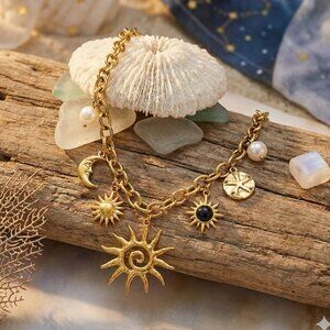 Boho Celestial 18K Gold Plated Sun Moon Charm Necklace 316L Stainless Steel